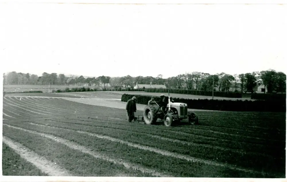 Black & white image of a tractor in a field