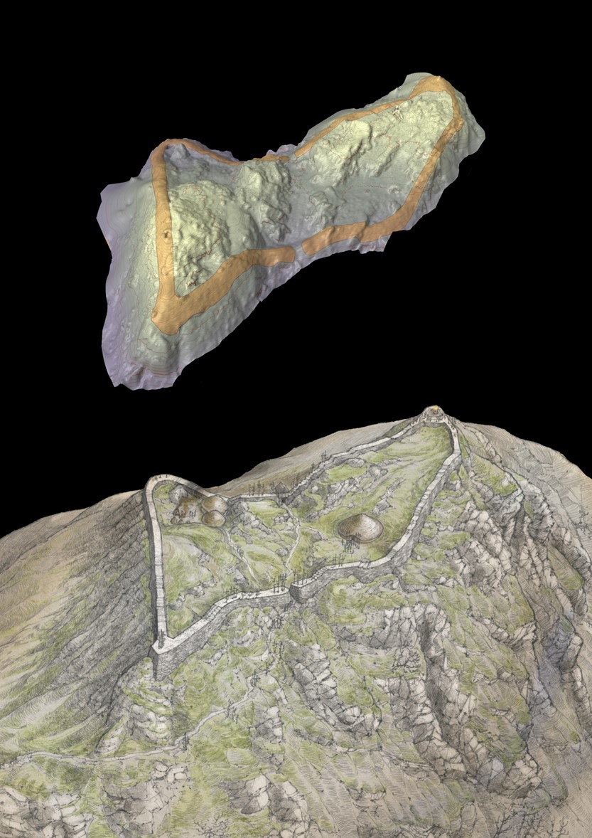hill-shaded terrain model showing dun da lamh fort from above