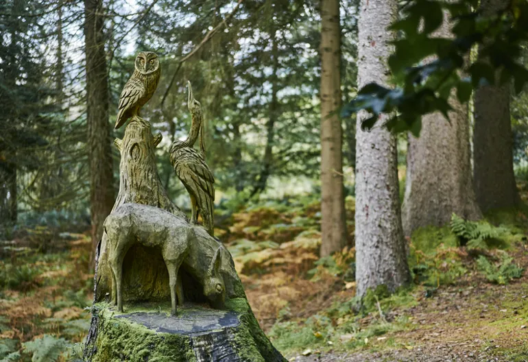 Wooden sculpture of owl, heron and deer, Kilmun Arboretum