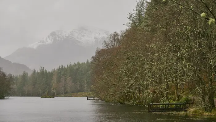  Glencoe Lochan in the rain flanked by forest of conifers and other trees with mist covered snow capped Pap of Glencoe in background