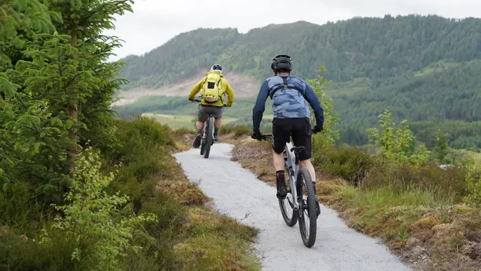 Two riders on mountain bikes on a trail.