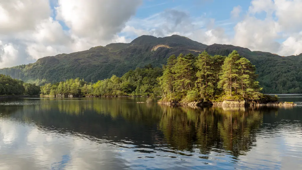 Loch with an island of trees in the foreground and forested hillside in the the background.